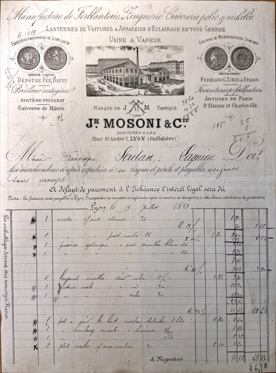 Entête facture de Joseph  Mosoni 1893